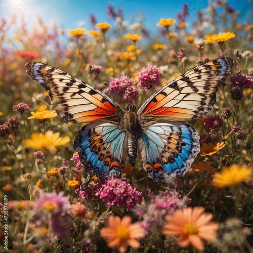 A whimsical, larger-than-life butterfly with intricate patterns and delicate, translucent wings, perched atop a bed of colorful wildflowers in a sun-drenched meadow.