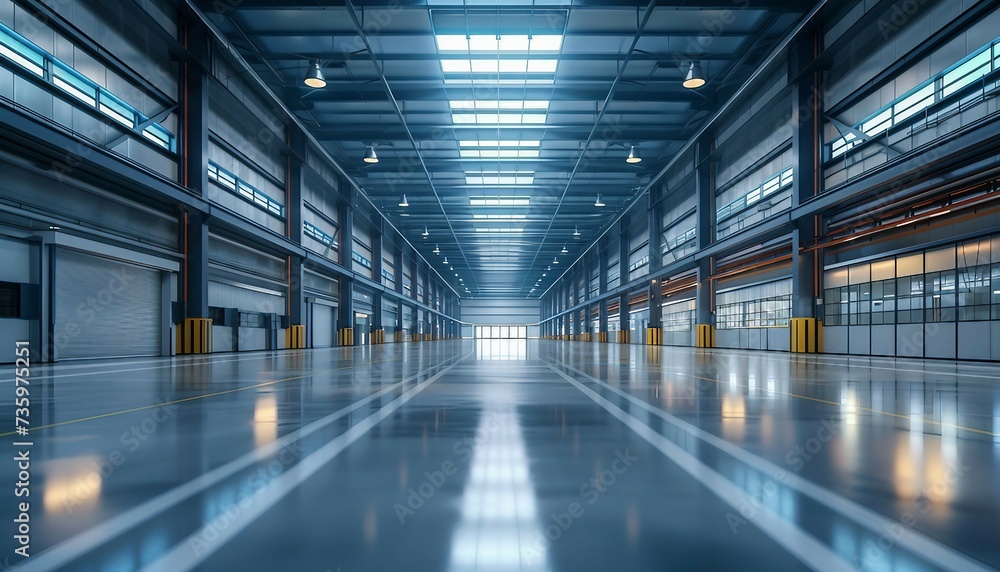 Modern Industrial Facility Design,  the modern design elements of an industrial workshop building with an image featuring sleek architecture, high ceilings, ample natural light, AI 