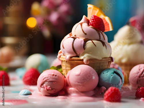 Delicious ice cream cone with vibrant scoops on a summer day
