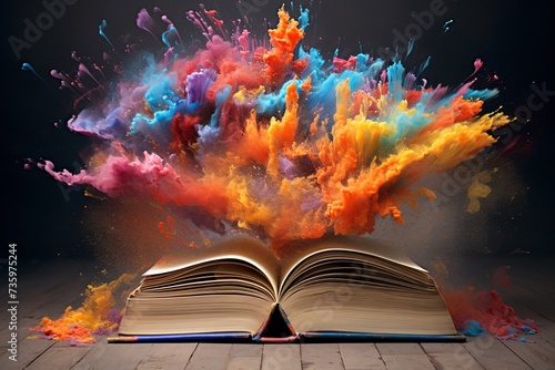 an open book with colorful paint exploding
