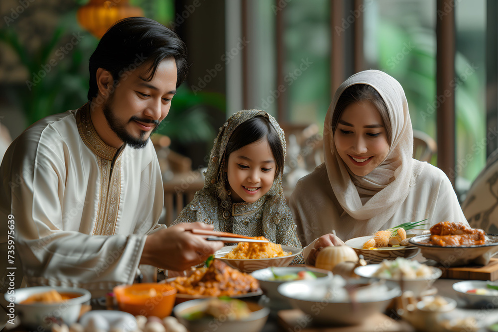 A Muslim family is enjoying iftar with delicious food during Ramadan A Muslim family is enjoying iftar with delicious food during Ramadan