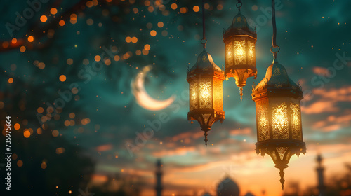 beautiful light green lanterns with a crescent moon and mosque in the background, copy space photo