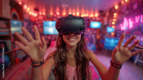 Young girl enjoying virtual reality headset in a colorful gaming room.