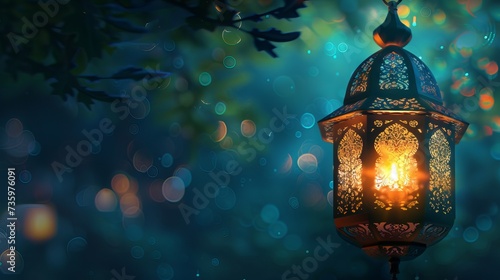 Ramadan Kareem greeting card with glowing Arabic lantern and candle at night with copy space