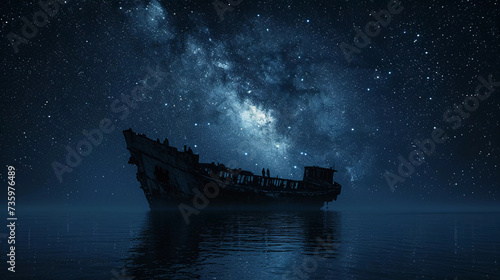 Nighttime ship sailing across the sea under the starry sky photo