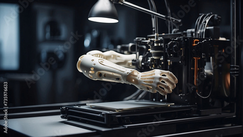 In shadows of lab, 3D printer produces prosthetic arm, symbol of technological innovation. State-of-the-art materialization of human prosthetic arm, highlighting transformative power of 3D printing