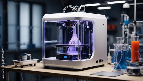 Latest 3D printing technology in modern laboratory. Liquid chemical 3D printer technology. 3D printer prints in a laboratory on a table with test tubes and chemicals. Machine, printer for 3D printing