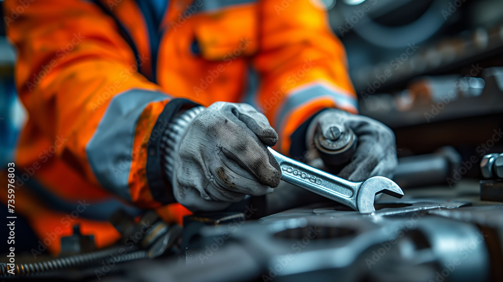 Mechanic Working with Wrench on Machinery