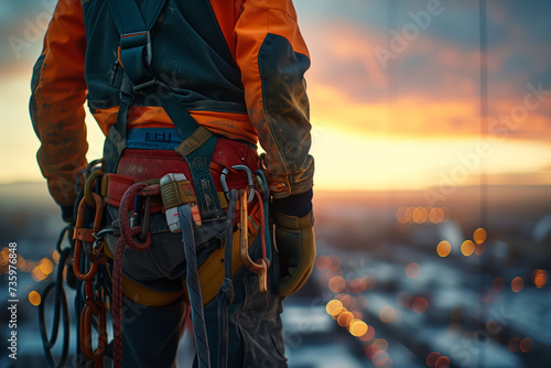 Worker Overlooking Cityscape at Dusk in Safety Harness