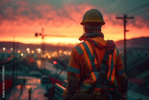 Construction Worker Admiring Sunset Over City