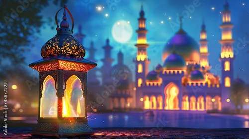 Ramadan Kareem greeting card with glowing Arabic lantern and candle at night with copy space © Ameer
