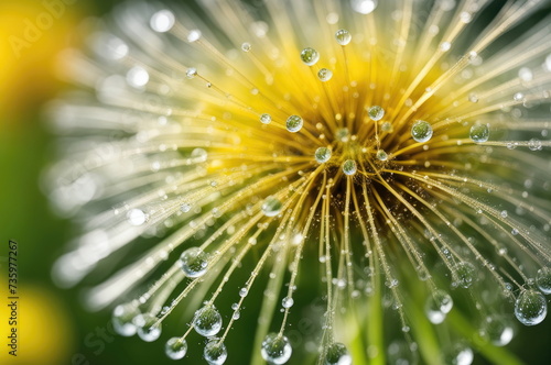 A vivid macro photograph of a dandelion seed head with glistening dew drops © dashtik