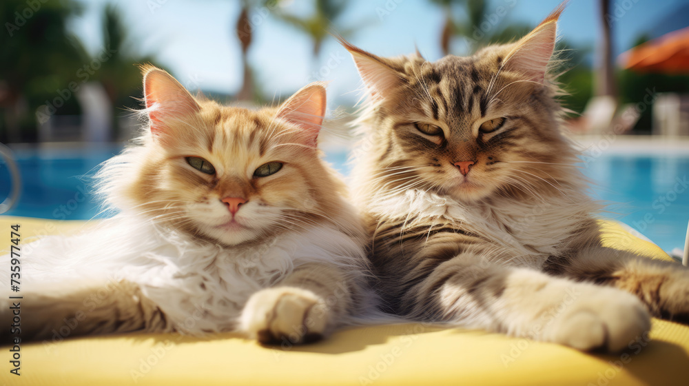 Cats on vacation with cold drinks by swimming pool, palm trees in background