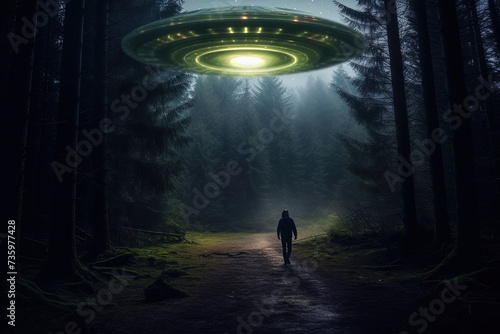 Alone man walks down a peaceful path in the woods as an otherworldly alien hovers above him. photo
