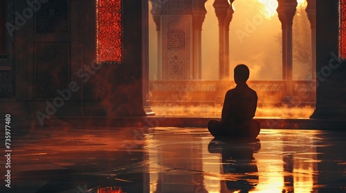 Muslim man praying and meditating in a mosque during Ramadan - a time of spiritual reflection and self-improvement