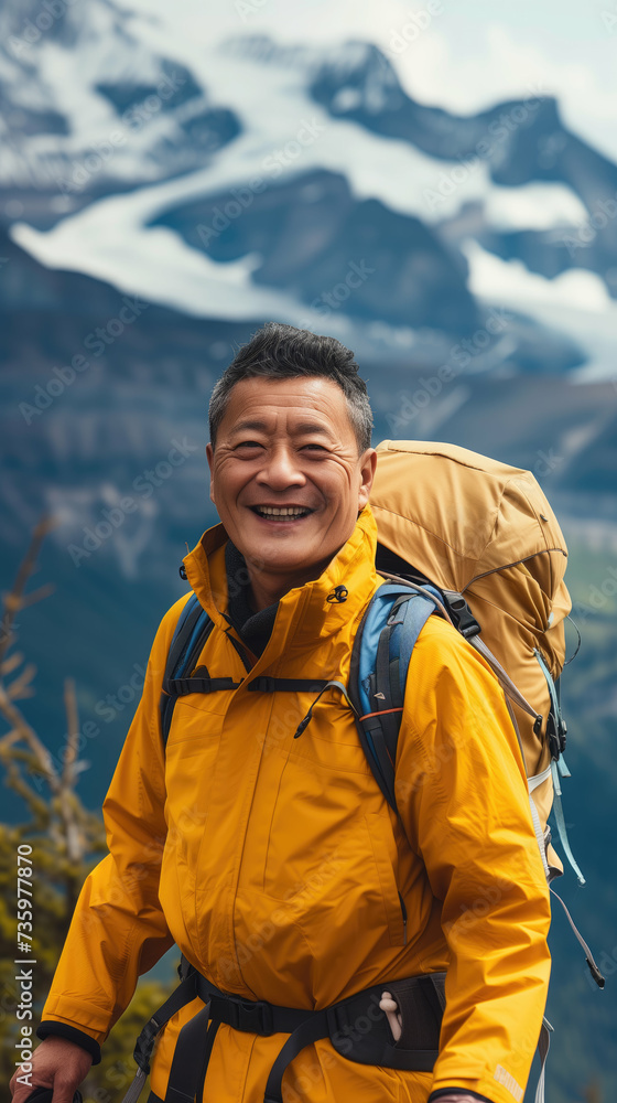 Old Asian man smiling while hiking on a mountain. Generative AI. Old Asian man smiling while hiking on a mountain. Generative AI.
