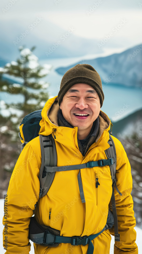 Old Asian man smiling while hiking on a mountain. Generative AI.