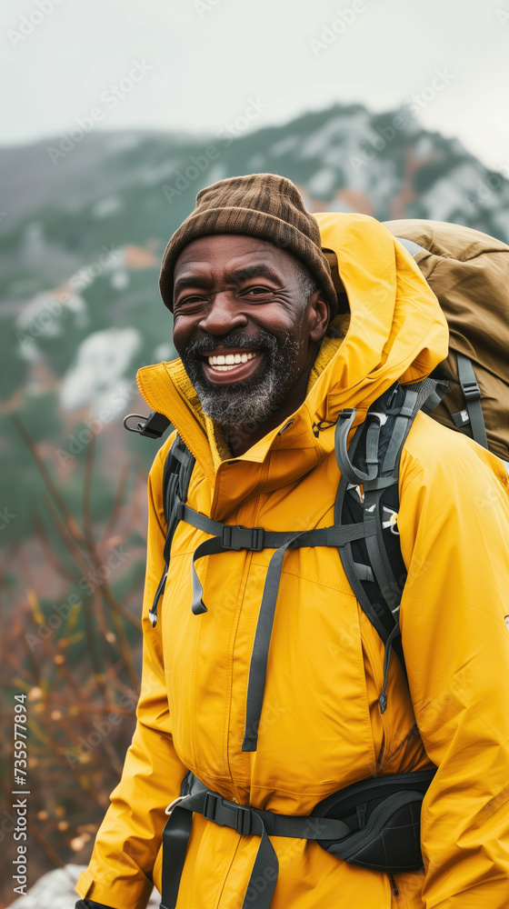 Old black man smiling while hiking on a mountain. Generative AI. Old black man smiling while hiking on a mountain. Generative AI.