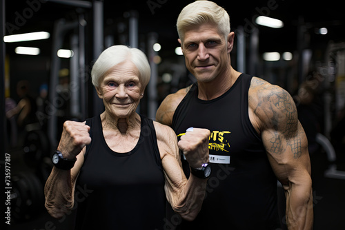 Striking contrast and mutual respect between fiercely determined elderly woman and a younger, muscular man as they proudly flex their muscles in gym setting