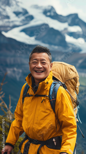 Old Asian man smiling while hiking on a mountain. Generative AI.