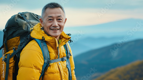 Old Asian man smiling while hiking on a mountain. Generative AI.