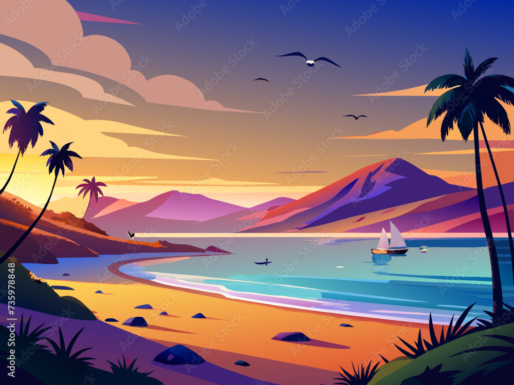 A tranquil beach at sunset, with seagulls soaring overhead. vektor illustation