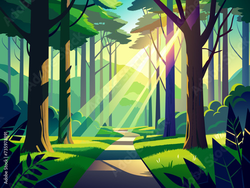 A serene forest glade with shafts of sunlight filtering through the trees. vektor illustation