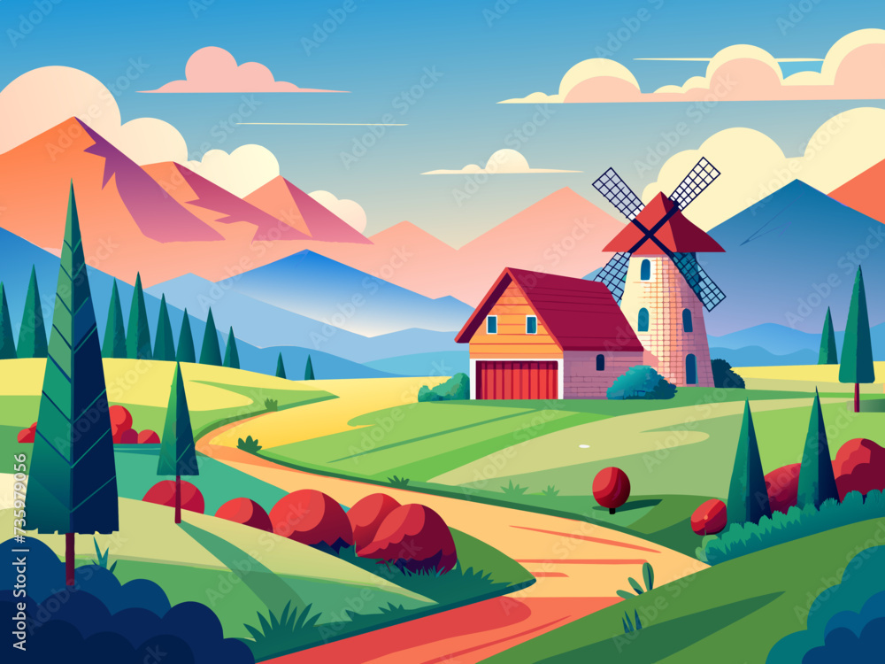 A peaceful countryside scene with a rustic windmill and rolling fields. vektor illustation A peaceful countryside scene with a rustic windmill and rolling fields. vektor illustation