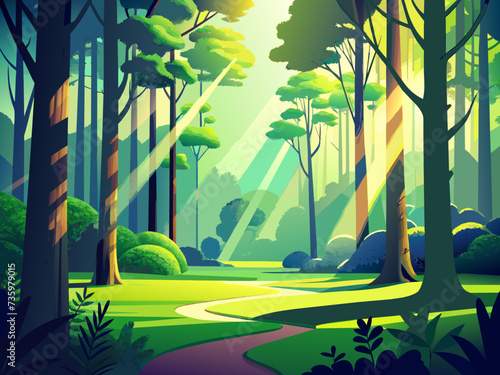 A serene forest glade with sunlight streaming through the trees. vektor illustation