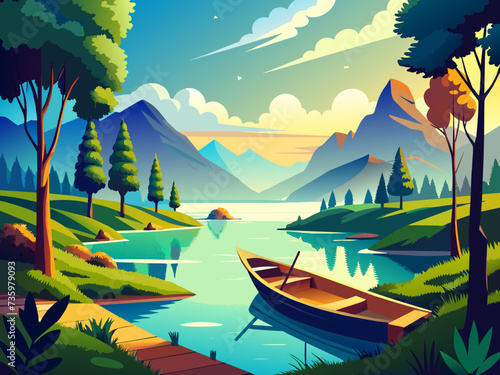 A tranquil riverside scene with a quaint wooden boat floating peacefully. vektor illustation