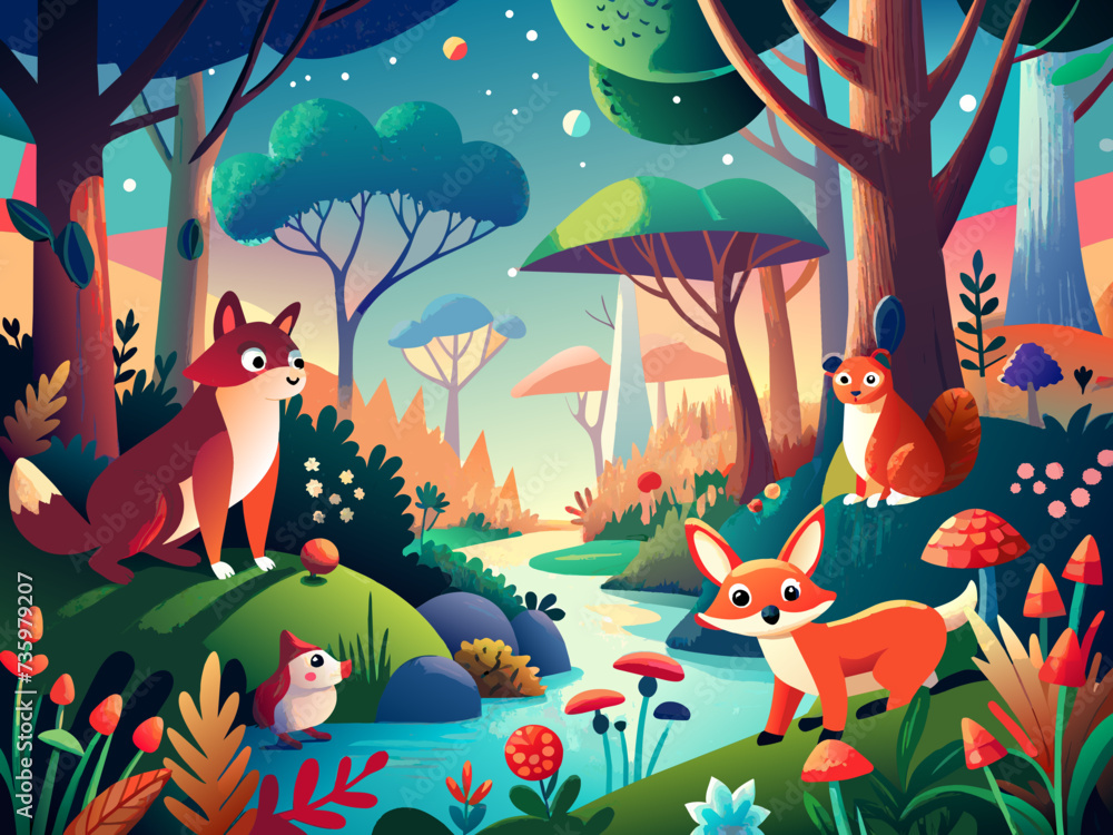 Obraz premium A whimsical woodland scene with talking animals and magical creatures. vektor illustation