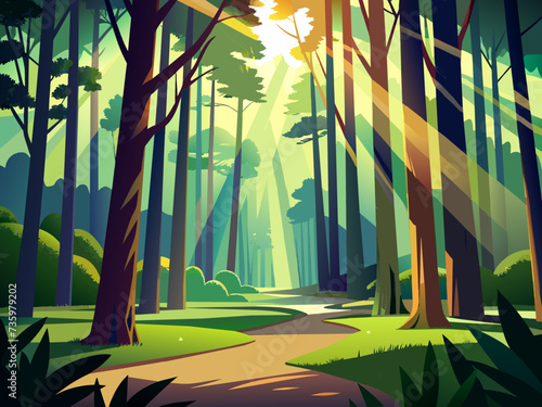 A serene forest glade with shafts of sunlight filtering through the trees. vektor illustation
