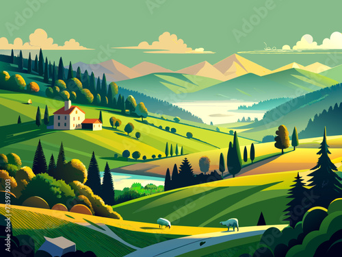 A peaceful countryside scene with rolling hills and grazing sheep. vektor illustation