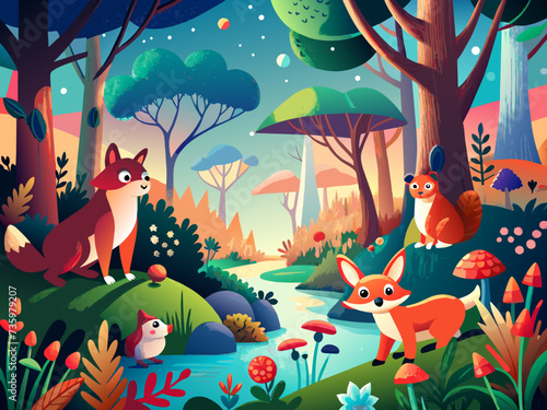 A whimsical woodland scene with talking animals and magical creatures. vektor illustation