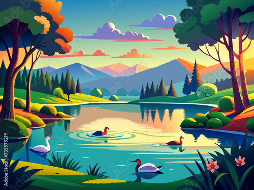 A tranquil pond with a family of ducks swimming lazily beneath the surface. vektor illustation