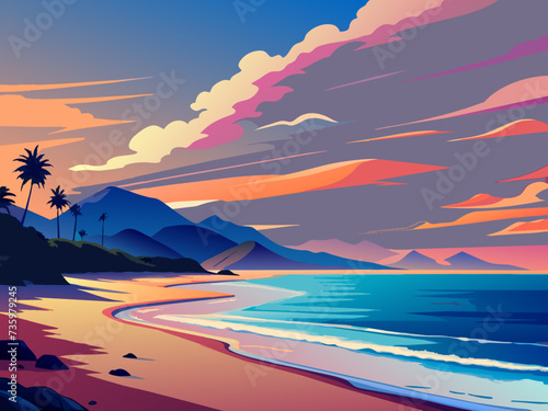 A tranquil beach at sunset, with pastel-colored skies and gentle waves. vektor illustation