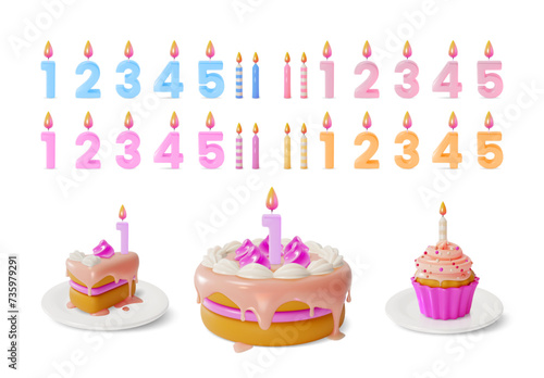 3d Candle Numbers with Cupcake, Birthday Cake Piece and Whole Set Cartoon Style for Anniversary Party . Vector illustration