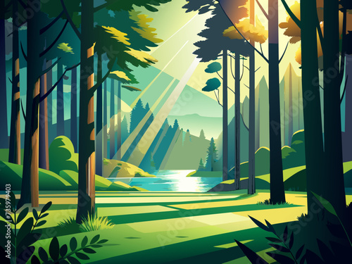 A serene forest glade with sunlight streaming through the trees. vektor illustation