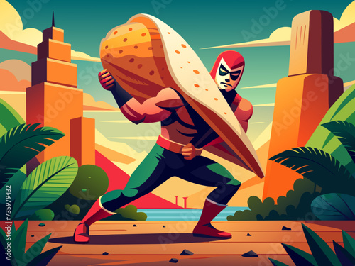A playful illustration of a luchador wrestler grappling with a giant burrito. vektor illustation