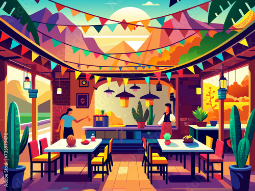 A lively illustration of a Mexican restaurant with colorful papel picado decorations. vektor illustation