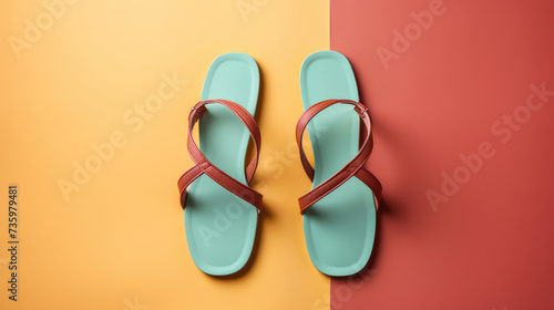 Colored flip-flops on a bright colored background. Summer banner