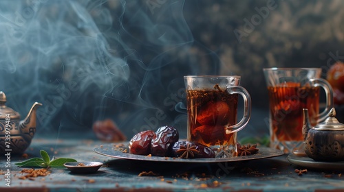 Ramadan food and drinks concept: Traditional tea and dates on a dark wooden table with lanterns and candles