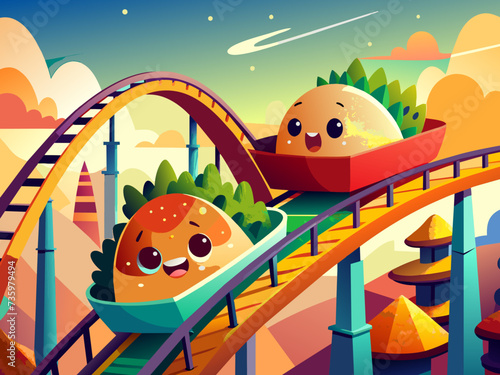 A playful scene of a taco and a burrito riding a roller coaster made of tortillas. vektor illustation