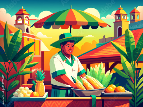 A colorful illustration of a Mexican street vendor selling elote corn on the cob. vektor illustation