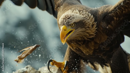 An intense moment as a powerful eagle snatches a fish from the water, water droplets frozen in mid-air.