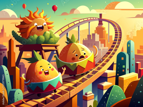 A whimsical scene of a taco and a burrito riding a roller coaster made of hot sauce. vektor illustation