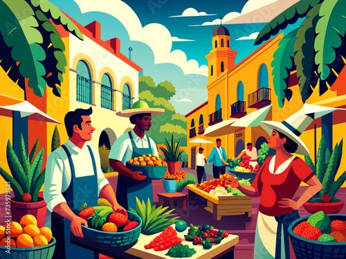 A lively illustration of a Mexican mercado with vendors selling fresh fruits and vegetables. vektor illustation