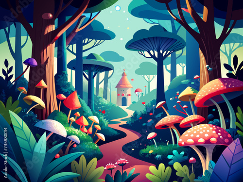 A whimsical fairy tale forest filled with enchanted creatures. vektor illustation