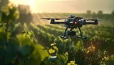 Lush green farmland modern drone equipped with advanced technology symbolizes intersection of agriculture and digital innovation aerial robot with whirring captures essence of futuristic farming