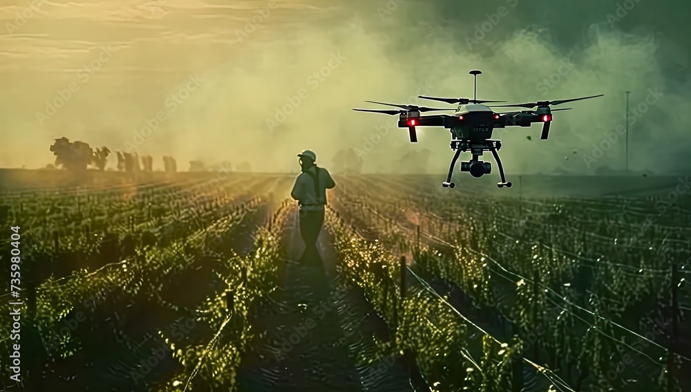 Fototapeta premium Lush green farmland modern drone equipped with advanced technology symbolizes intersection of agriculture and digital innovation aerial robot with whirring captures essence of futuristic farming